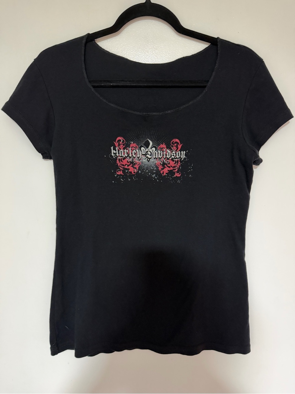 Harley-Davidson Black Short Sleeve Scoop Neck Tee with Red Graphic
